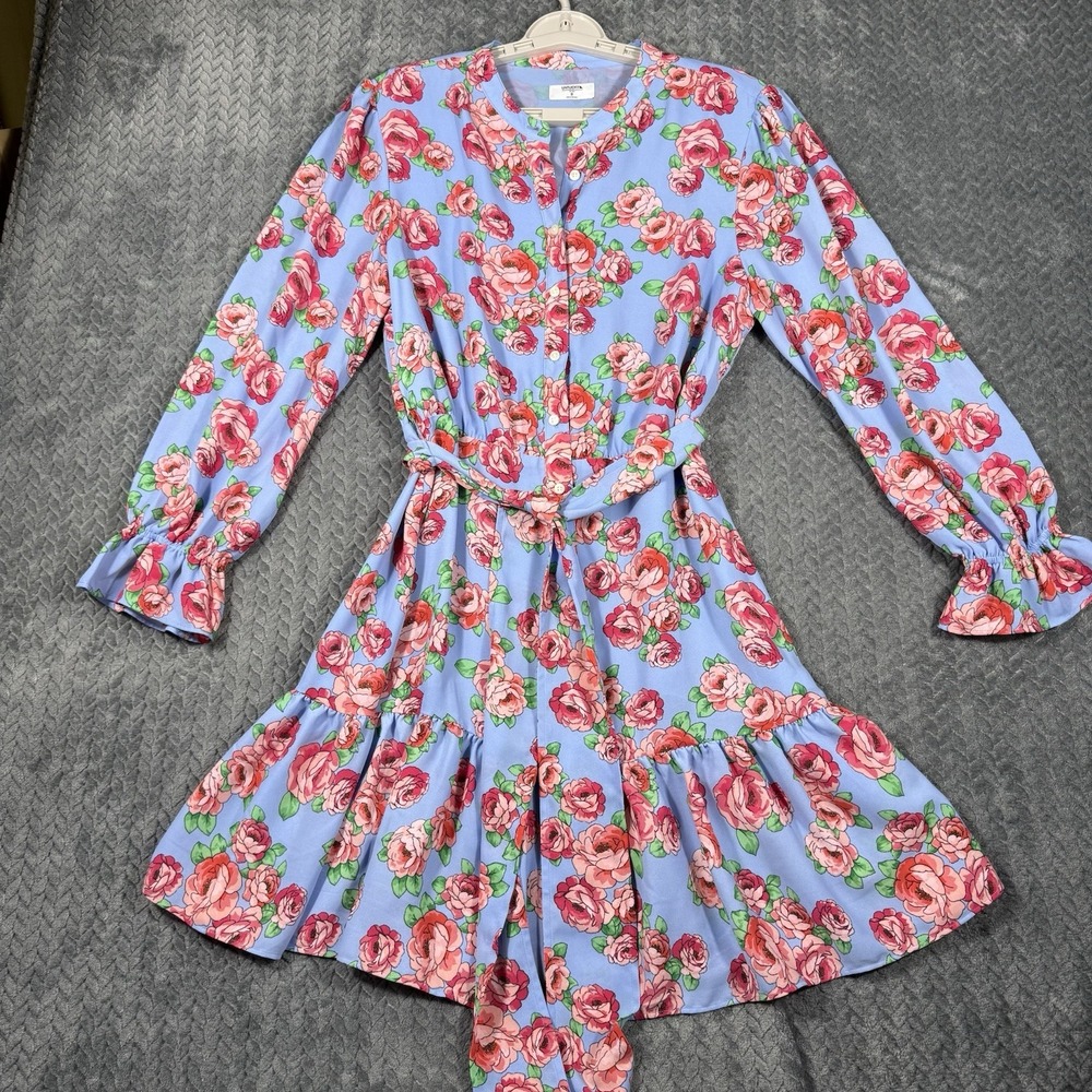 UNTUCKit Women's Floral Dress Size 8 April Blue Pink Belted Bell Sleeve Ruffle